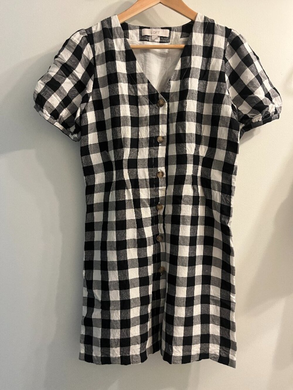 Loft - Linen Gingham Puff Sleeve Dress